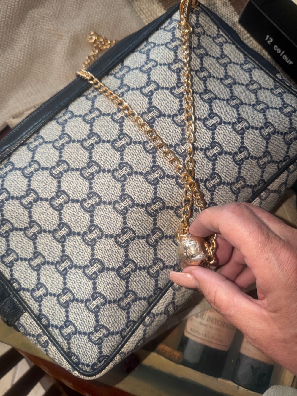 Gucci Plus Beige and Black GG Canvas Chain Crossbody Bag with Gold Chain - Picture 11 of 11